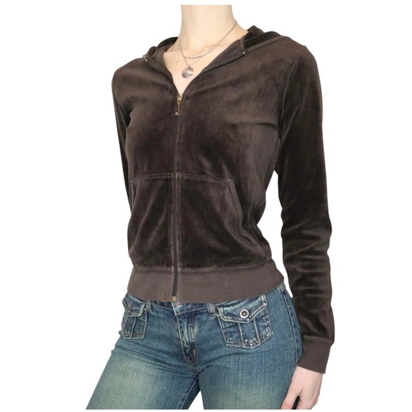 JUICY COUTURE 1990's Chocolate Brown Velour Basics Hoodie Women's Medium - Picture 1 of 10